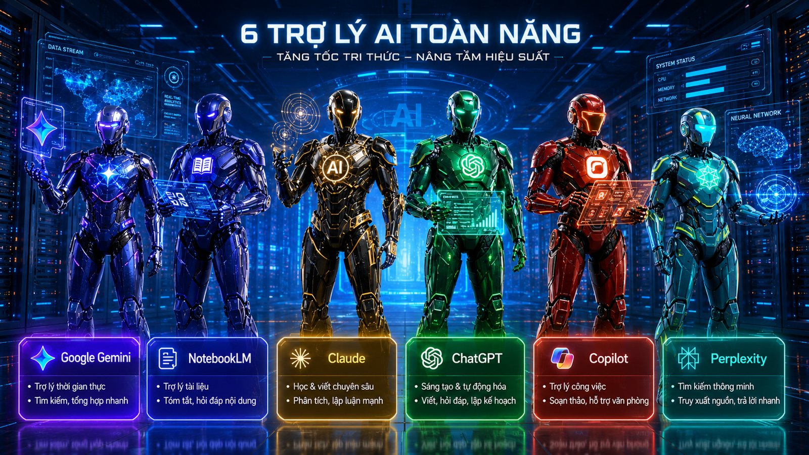 Trong khóa anh/chị sẽ dùng thành thạo: ChatGPT, Claude, Gemini, Grok, Copilot, Canva AI, Make