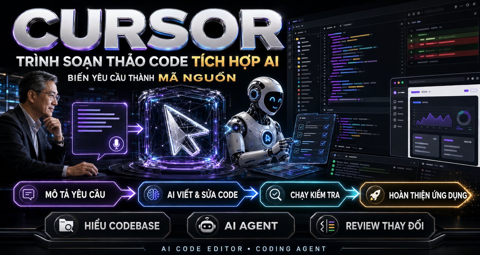 Cursor của Anysphere: trình soạn thảo code tích hợp AI, biến yêu cầu thành mã nguồn, có AI Agent hiểu cả codebase