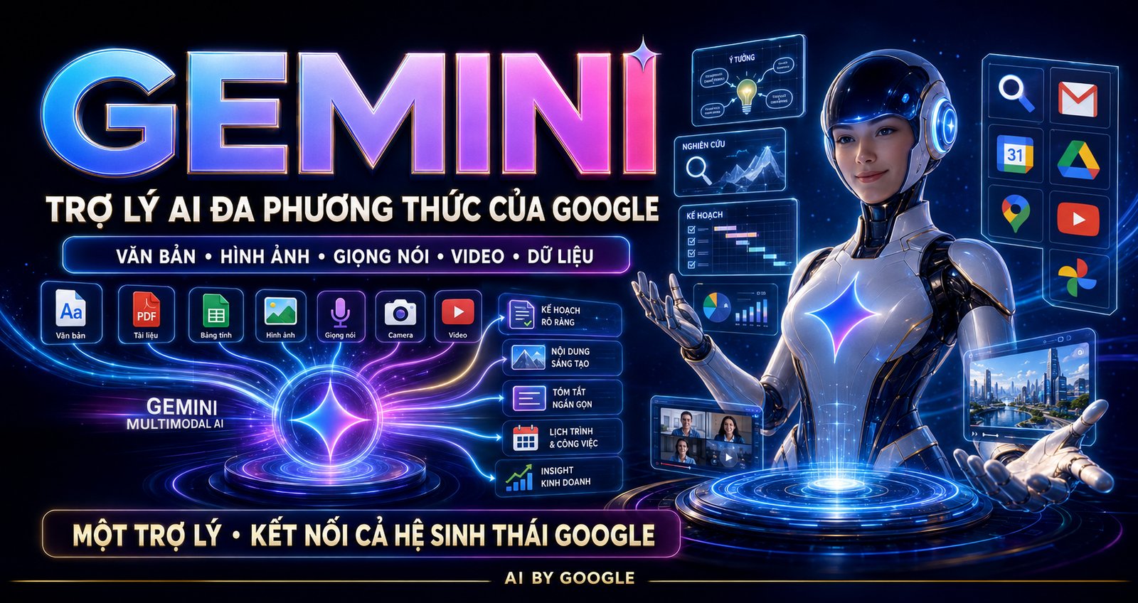 Gemini: Trợ lý AI của Google, nằm sẵn trong Gmail, Docs, Drive. Tạo được cả ảnh và video