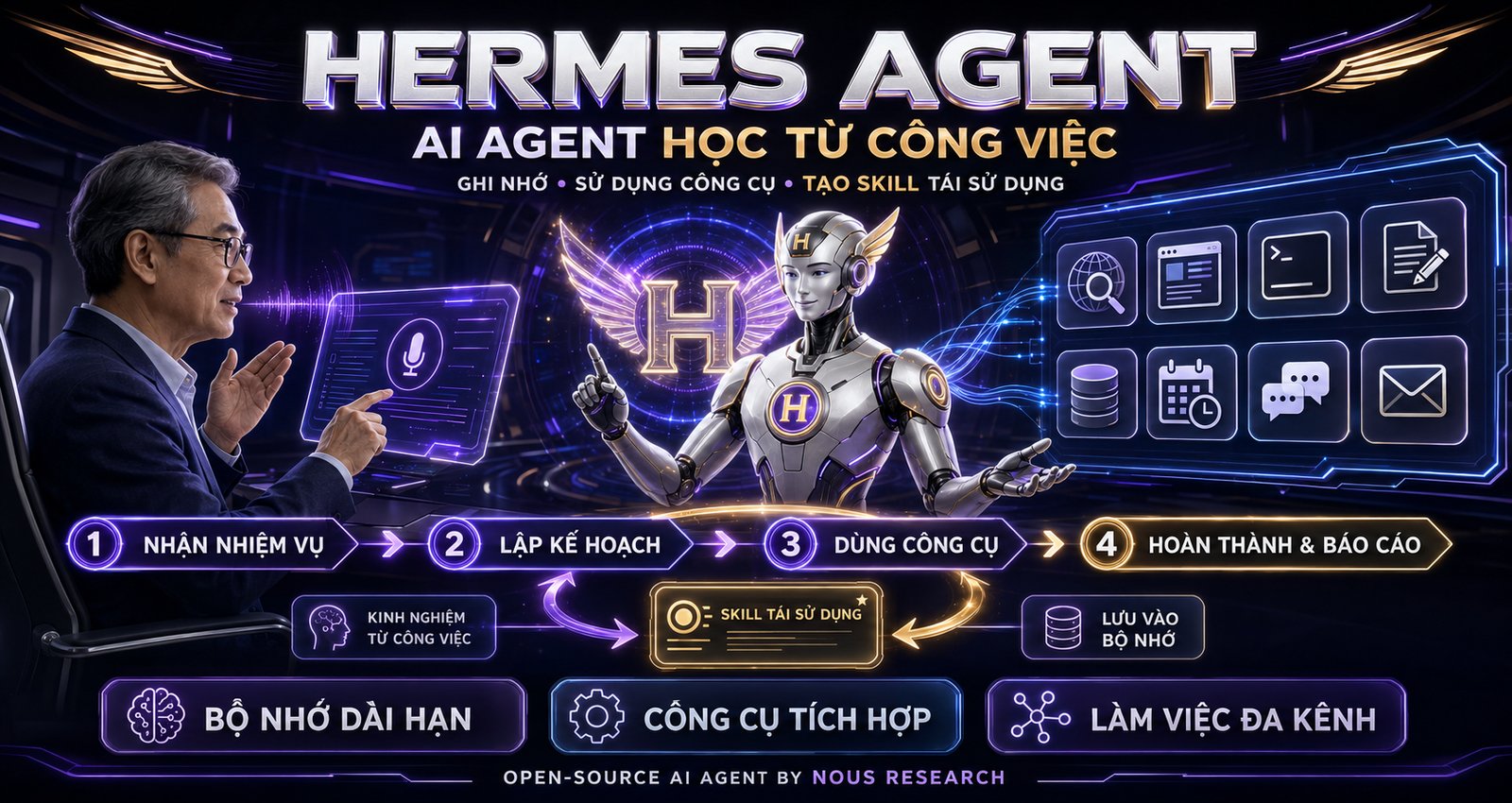 Hermes Agent: AI agent học từ công việc, ghi nhớ lâu dài, tự tạo kỹ năng tái sử dụng