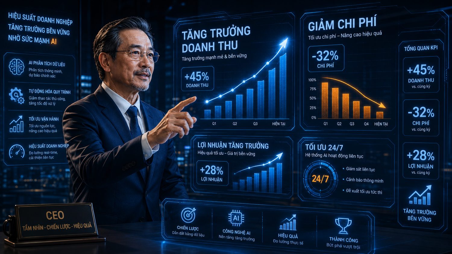 Hiệu suất doanh nghiệp tăng trưởng bền vững nhờ AI: +45% doanh thu, -32% chi phí, +28% lợi nhuận