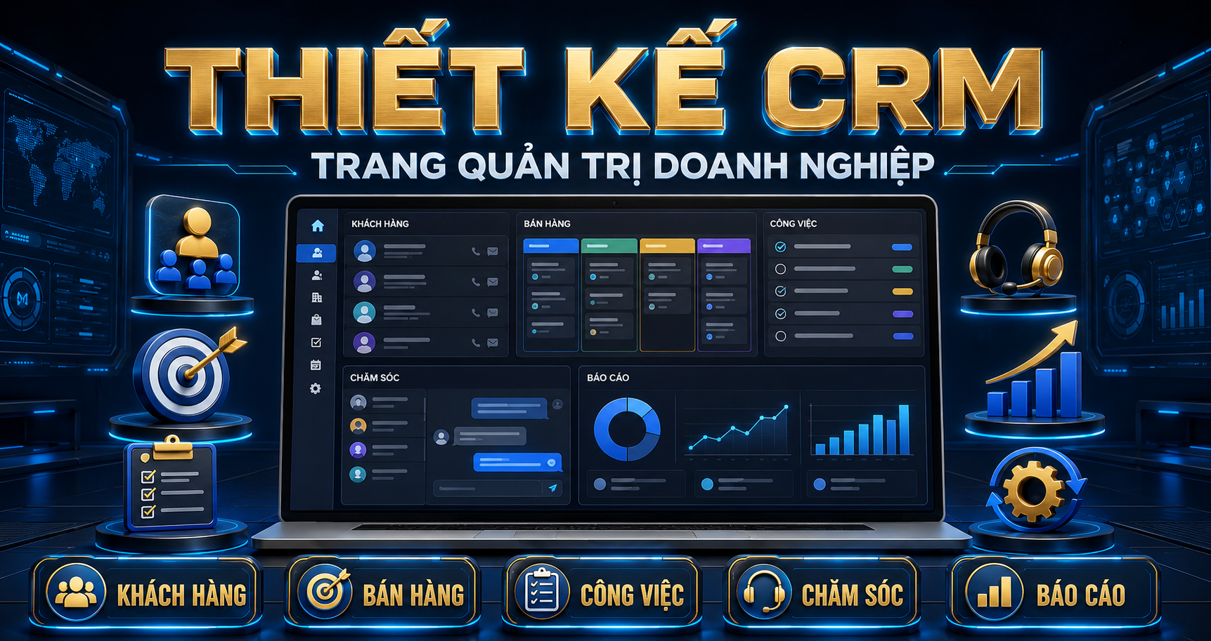 Màn hình CRM quản trị doanh nghiệp gồm 5 khu: Khách hàng, Bán hàng, Công việc, Chăm sóc, Báo cáo