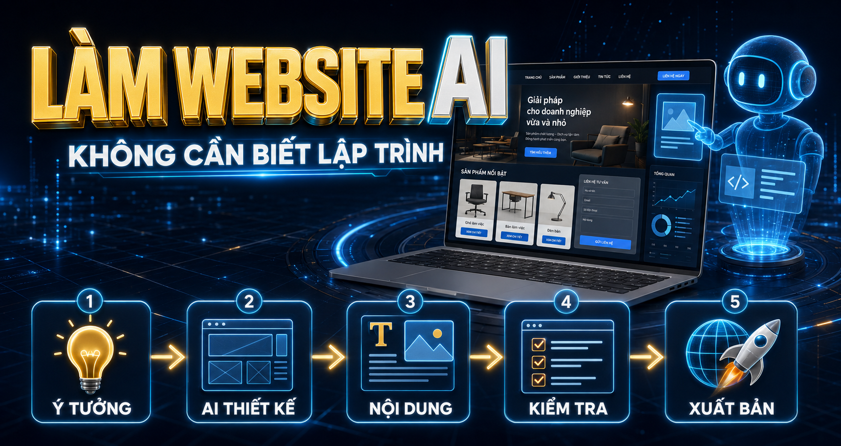 Làm website bằng AI không cần biết lập trình, đi qua 5 bước: Ý tưởng, AI thiết kế, Nội dung, Kiểm tra, Xuất bản